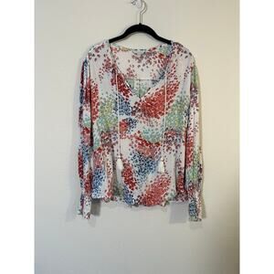 Lucky Brand White Floral Peasant Top Gauzy Watercolor Smocked Sleeves Women’s XL